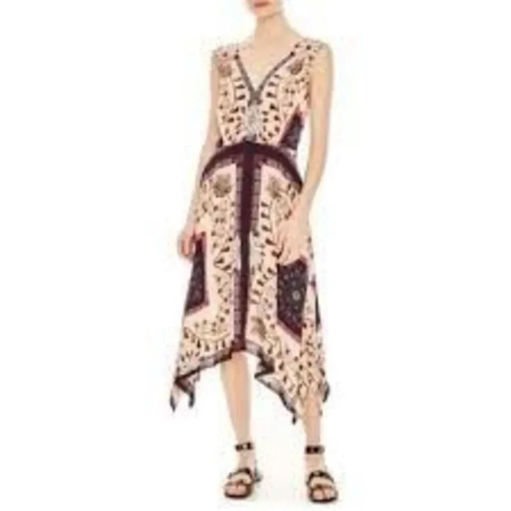 Sandro Lee Pattern Handkerchief Hem Sleeveless Silk Floral Dress Size 34